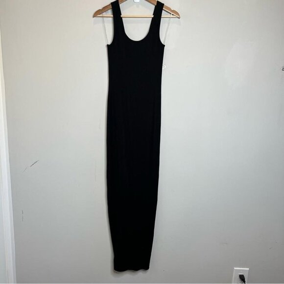 Heart & Hips Womens Size Medium Black Ribbed Midi Tank Dress Button Front Ruched - Picture 2 of 10